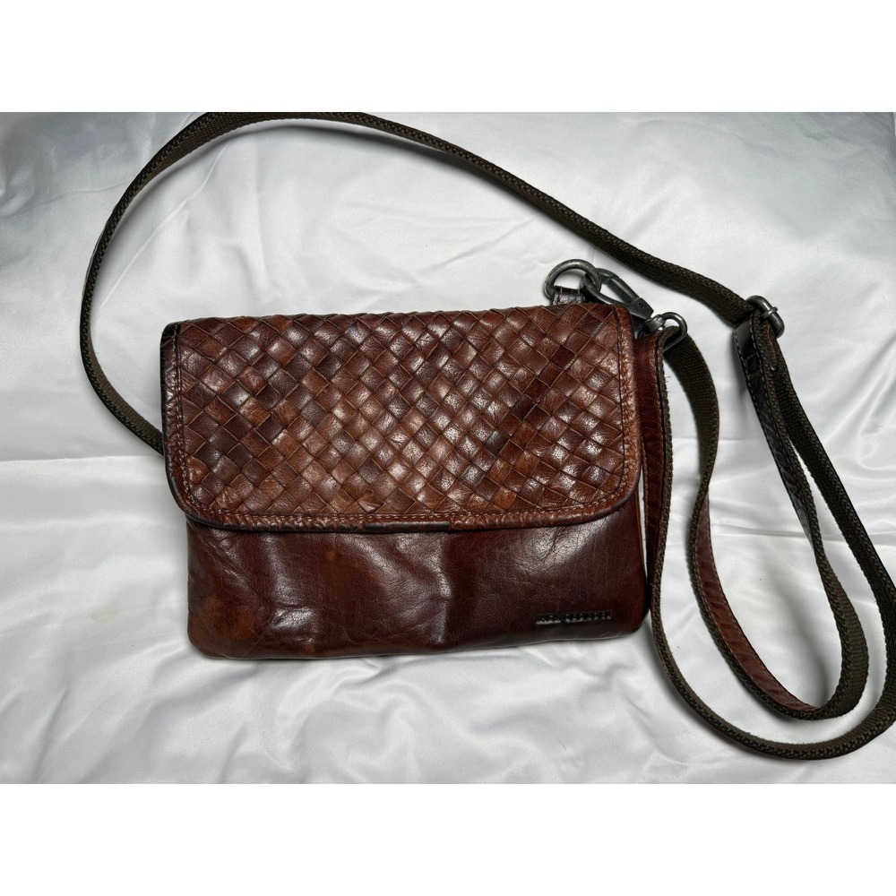 Jack Georges Brown Leather Woven Crossbody Bag Vintage Style Shoulder Bag
